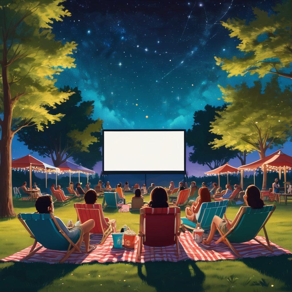 A vibrant cinema scene featuring a large, colorful outdoor movie screen showcasing a classic film. People of diverse backgrounds enjoying complimentary popcorn and drinks, sitting on picnic blankets under twinkling fairy lights. A starry night sky above with playful animated film characters floating around, creating a joyful atmosphere. The setting includes cozy lounge chairs and a sense of community. cartoonish style. vibrant colors. night scene.