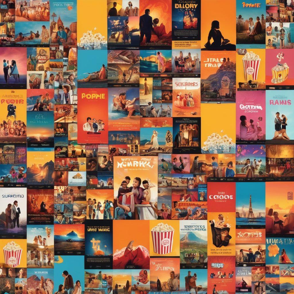 A captivating collage showcasing various film genres like romance, action, and comedy, with symbols of no-cost streaming such as popcorn, remote controls, and digital screens. Incorporate vibrant movie posters in the background, alongside silhouettes of people enjoying films in cozy home settings. Highlight the joy of cinematic exploration with a burst of colorful film reels winding through the scene. super-realistic. vibrant colors. cinematic theme.